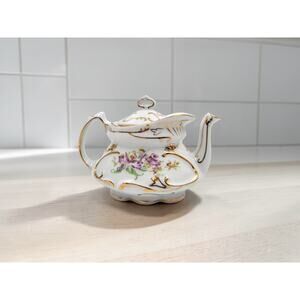 Miniature 4" Porcelain Teapot Hand Painted Gilded Scrolling Purple Flowers